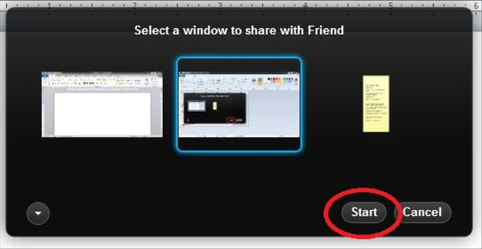 Click on the window you want to share. A blue box will appear around it.
Then click on the Start button.
