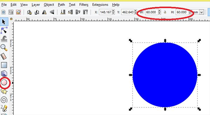 <p> Select the circle tool and create a circle. Select the circle and set the width to 60 mm and the height to 60mm .  </p>