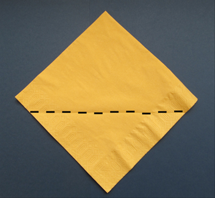Take a paper napkin as it comes folded in the package or fold a cloth napkin in half horizontally and in half again vertically.

With the open end on the bottom, fold the bottom point up from a little below the middle.