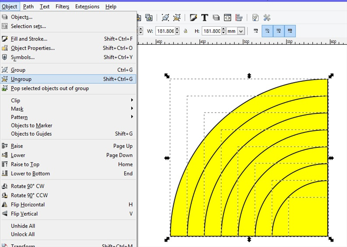 <p> Drag the section box around the larger quarter circle to select it and everything underneath.<br style='font-family: Arial, Helvetica, sans-serif; font-size: small;' /> Click on Object - Ungroup. Repeat until you see 8 dashed lines .</p>
