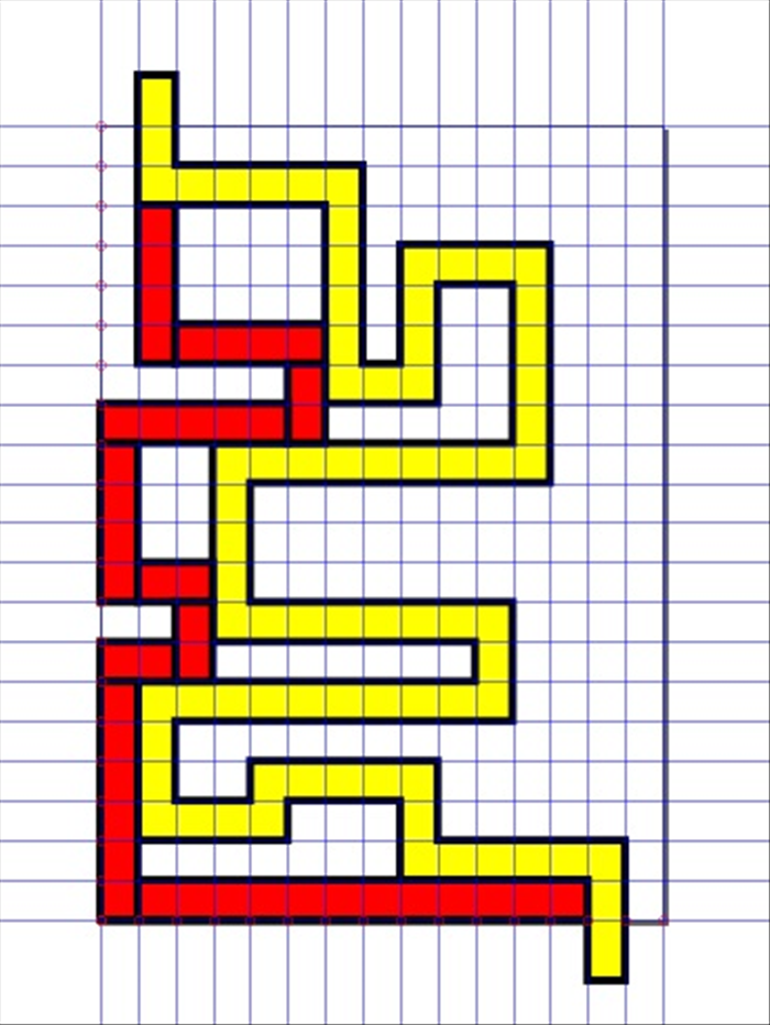 <p> 9. Make a new rectangle,</p> 
<p> change the fill color to red and create another path with the start and end next to the yellow path .  </p>