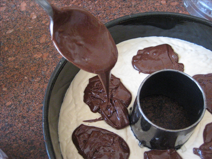 Spoon the cocoa mixture on top of the batter in the baking pan