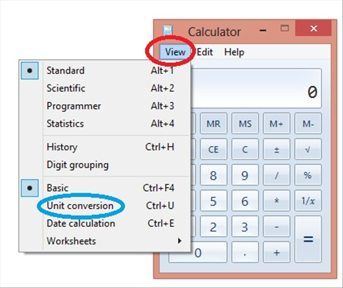 <p> To use a Windows Calculator:</p> 
<p> Click on "View" - circled in red</p> 
<p> then click on "Unit conversion" - circled in blue</p>