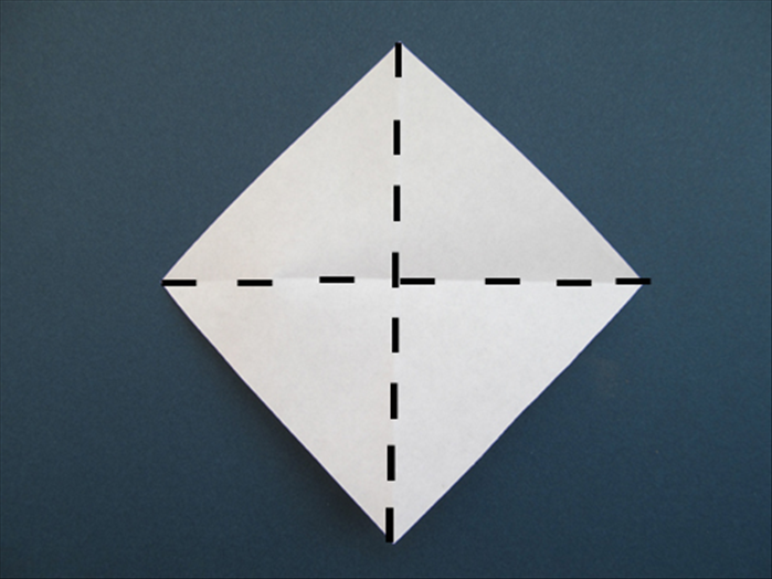Hold the paper with the points at the top, bottom and sides

Fold in half by bringing the top and bottom points together. Crease and unfold
Fold in half in the opposite direction by bringing the side points together. Crease and unfold
