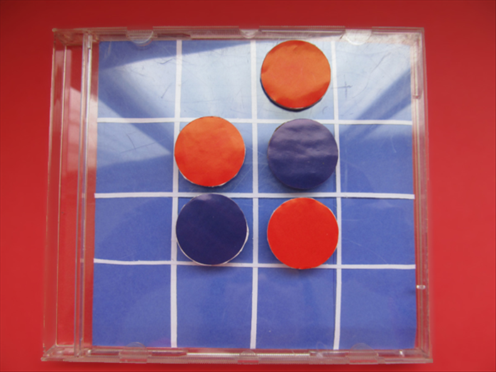 Each player chooses a color.
To play the game you place your color in an empty square so that one or more of your opponent’s pieces is between your pieces. 
In this picture the red is on the top and bottom of the blue.
