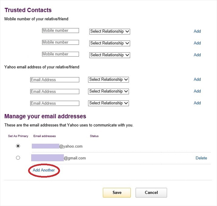 <p> Scroll down the page until you see "Manage your email addresses"</p> 
<p> click on "Add Another" - circled in red</p>