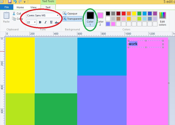 <p> Click on a spot that you want to type on.</p> 
<p> Choose the font you want. - circled in red.</p> 
<p> Click on "Color 1" and choose from the "Colors" boxes for the font color.</p> 
<p> Type the name of the section. Click elsewhere on the picture when you have finished the name. Then click again on another rectangle to write something else.</p>