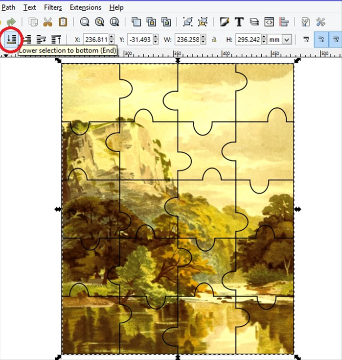 <p> Click on the picture to select it. Click on - Lower selection to bottom, circled in red.  </p> 
<p> Drag the sides of the puzzle to fit the height and width of the picture .  </p>