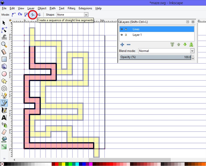 <p> 15. Click on the lines layer - It should turn blue. ***It will turn light gray while you are working on the layer.</p> 
<p> Click on the bezier tool and click on - Create a sequence of straight line segments - circled in red.</p> 
<p> Make lines along the border of the red maze path.</p> 
<p> ***Notice that the top of the red maze path has no horizontal line at the top. That is the entrance to the red maze path.  </p>