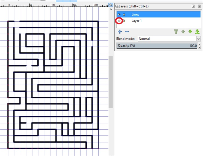<p> 19. To see what the maze looks like  click on the Lines layer to highlight it and then click only on the eye icon of Layer 1, circled in red.</p> 
<p> ***The Lines layer should still be highlighted.</p> 
<p> You can add lines and make new entrances, if you want.  </p>