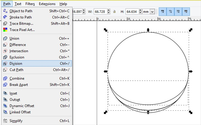 <p> With the moved curve line selected press the shift key on your keyboard and select the circle </p> 
<p> Click Path - Division</p> 
<p>  </p> 
<p> *Click at the top of the circle to prevent selecting the other curve line </p>