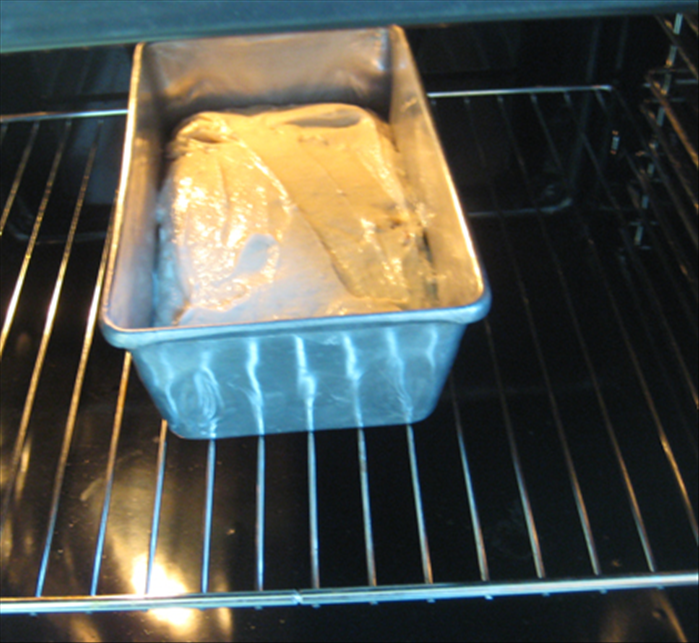 <p> Put batter in well grease 9X3X3 inch bread pan</p> 
<p> Bake 50 – 60 minutes or until the top springs back when you press down lightly on it.</p>