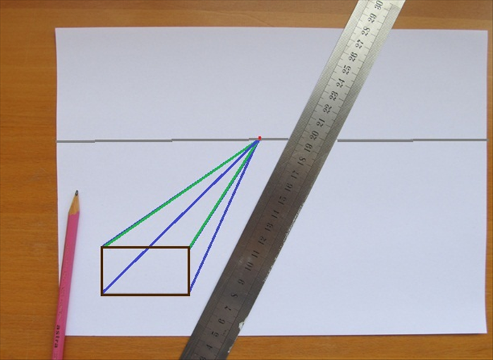 Draw lines from the corners of the rectangle to the vanishing point

*These lines are called orthogonal lines.
All lines leading from the rectangle to the vanishing point are called orthogonal lines
