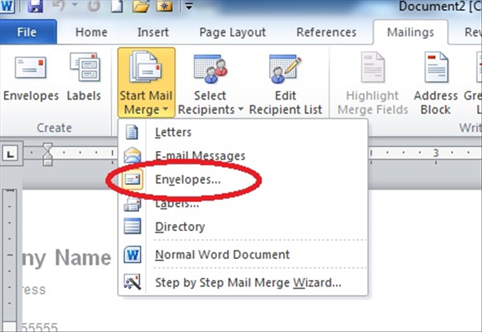 On the top of the window, click on the “Start Mail Merge” tab (it has a yellow background in the picture)
A menu will come down. Click on Envelopes
