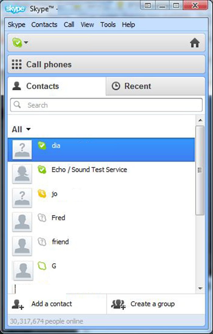 If you want to share your desktop, make sure you close anything you do not want them to see before you start.

Open Skype

Doubleclick on the person  you want to share your screen or a window with.
 They must have a green checked icon next to their name to show that they are available
