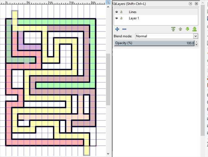 <p> 18. Repeat step 16 and 17 for different colored rectangle maze paths</p> 
<p> ****Pay attention that layer 1 is highlighted in grey when you make the colored rectangles and the Lines layer is highlighted in grey when you make the lines.</p> 
<p> On the Lines Layer make lines along the yellow maze path.</p> 
<p> *Do not cover the entrances to the other maze paths at the top of the maze.</p> 
<p> If you want to add an entrance from one maze path to another, Click on the Lines layer.</p> 
<p> Click on the line covering the entrance and  shorten it to the entrance point. Then create another line starting from the space you want to make.  </p>