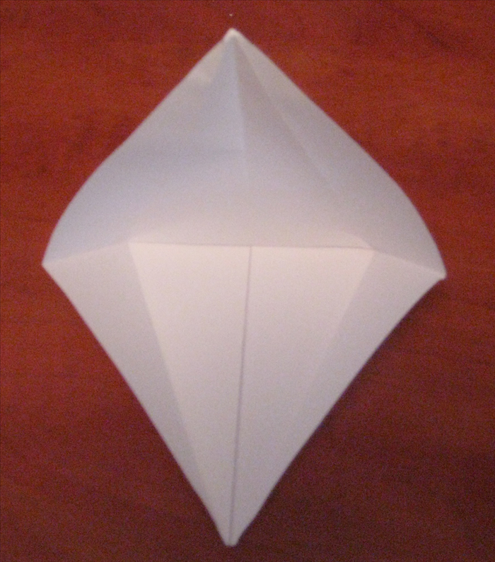 Unfold the 2 flaps at the top.
Pull down the top point and fold it along the crease inward.
See the next picture for results

Flip the paper over to the back side and repeat steps 9 to 11 