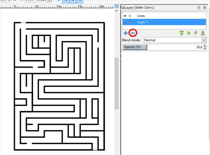 <p> 20. Click on View - Guides, to hide or show the page guide lines.</p> 
<p> You can click on File - Save As - Inkscape SVG file and make changes later.</p> 
<p> ** When you are finished making the maze, the easiest way to print only the lines is to</p> 
<p>  Click on Layer1 and click on the minus sign to delete the colored maze.    </p> 
<p> Have fun making simple and complicated mazes and experimenting with a different number of rows and columns!  </p>