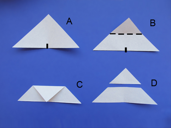 A.  Take the large triangle you put aside in step 2. With the long edge at the bottom bring the right bottom corner over to the left as if you were going to fold it in half. Do not fold only give it a pinch at the bottom to mark the halfway point.
B. Bring the top point down to the pinch mark you just made
C.  Result.  Give it a sharp crease
D. Cut along the crease.  Take the small triangle and put it aside. You are finished with it.
