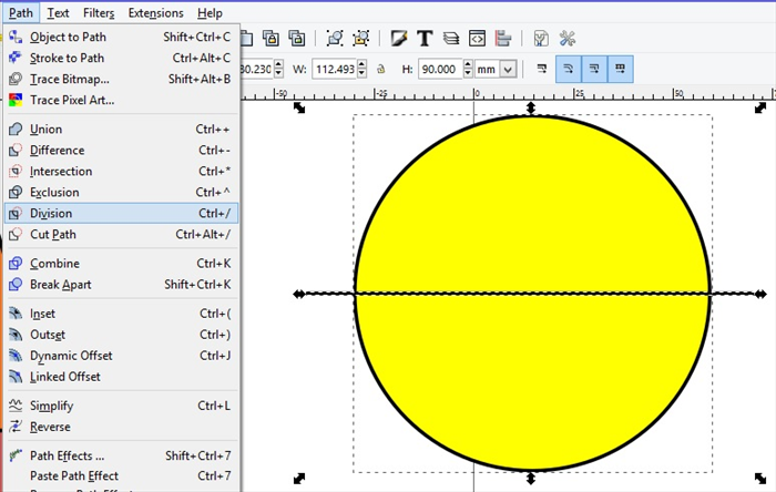 <p> Select the circle and the horizontal line.<br style='font-family: Arial, Helvetica, sans-serif; font-size: small;' /> Click on Path - Division<br style='font-family: Arial, Helvetica, sans-serif; font-size: small;' /> The circle will be divided into 2 half circles.</p>