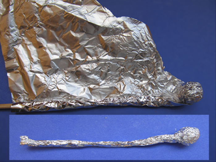 Put the ball with the tail at the end of a skewer and roll it up in a piece of foil.
Pull the skewer out and squeeze the foil  tightly to make a ball on a stick shape.
