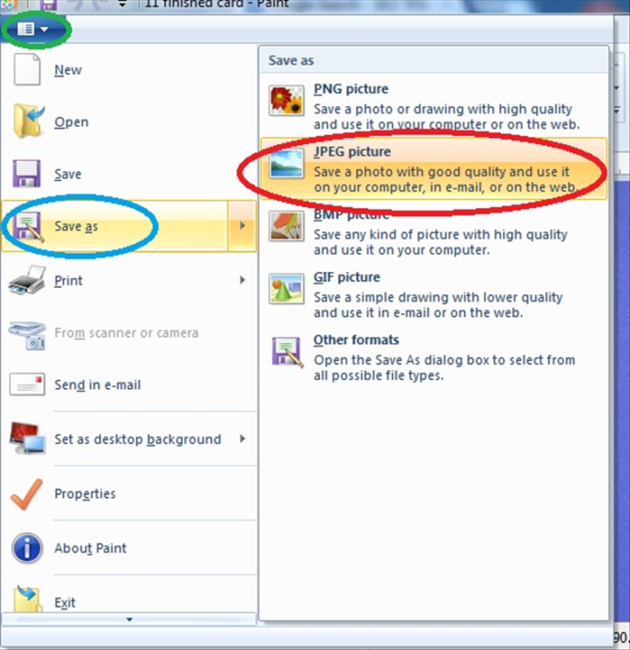 You can add more text by repeating step 11 and clicking somewhere else on the card.


When you have finished making your ecard click on the arrow (circled in green in the picture)
Then click on  “Save as:”( circled in blue in the picture)

And then “JPEG” (circled in red in the picture)

A new window will open. Choose where you want to save the ecard.


