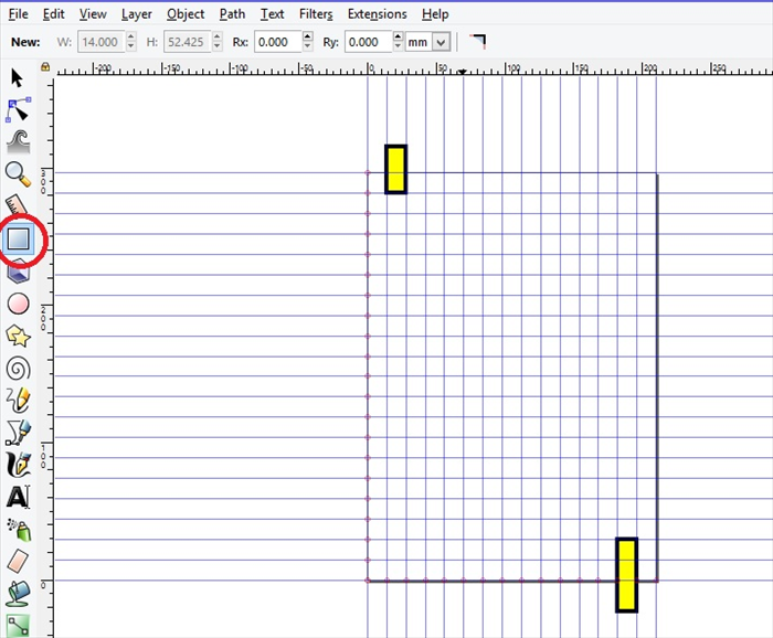 <p> 4. Click on the Create Rectangles and squares icon.</p> 
<p> Make a yellow rectangle slightly above the start of the maze and another slightly below the finish of the maze.  </p>