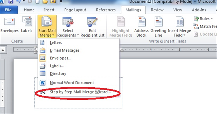Click on “Start Mail Merge”

A menu will come down. 
Click on “Step by Step Mail Merge Wizard”
