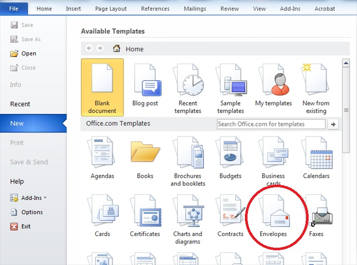 Open your word program
On the left top side click on “File”
Click on “New”
Click on “Envelopes”
