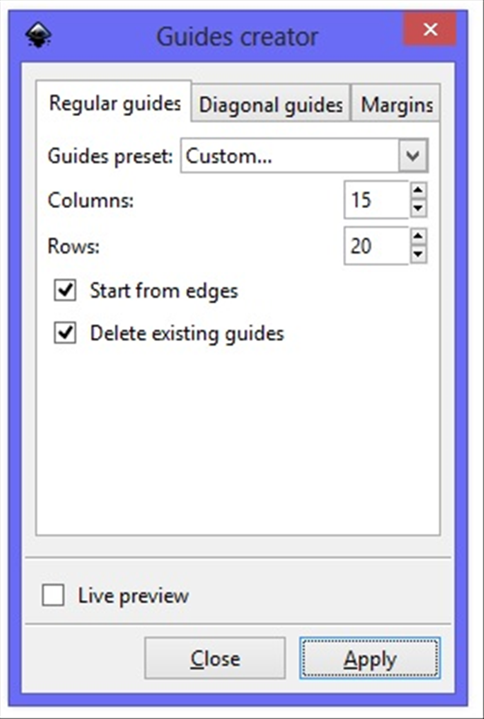 <p> 3. Make Columns: 15 and Rows:  20</p> 
<p> and check marks next to Start from edges and Delete existing guides.</p> 
<p> Click Apply  </p>