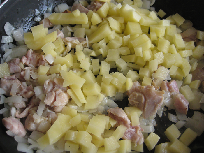 <p> Add the potatoes and stirfry for 2 min</p> 
<p> Add any leftover cooked meat</p> 
<p> Remove from the flame mix well</p> 
<p> Let it cool for a few minutes</p>